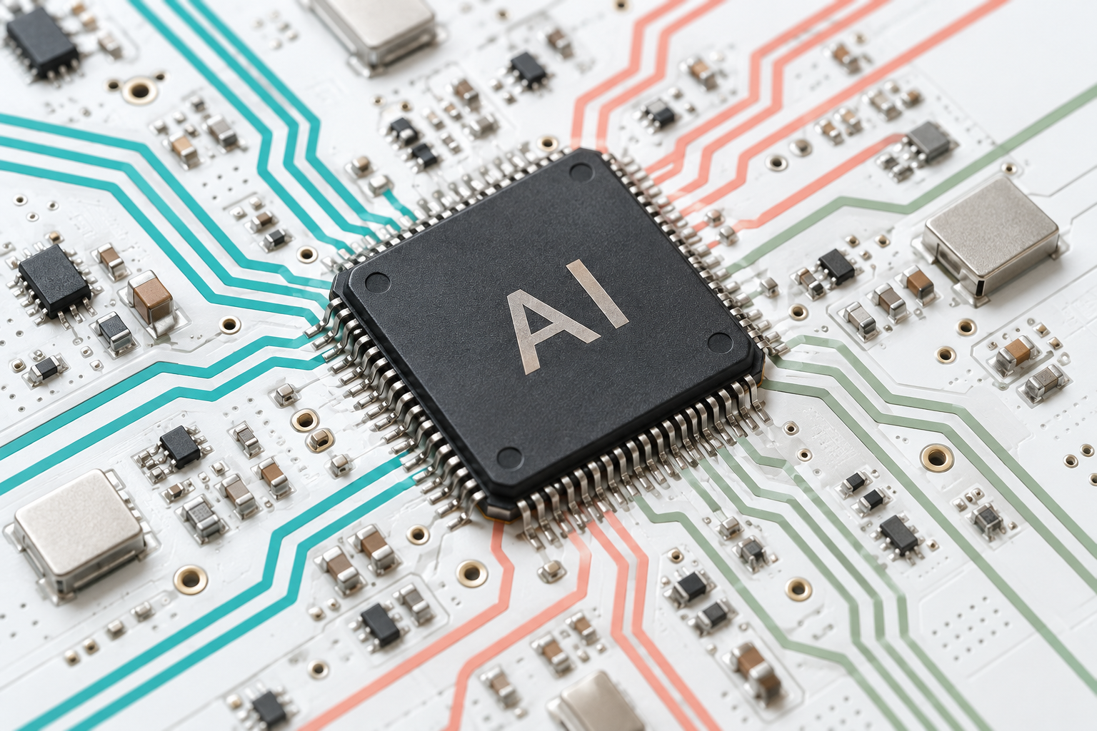Ilustración conceptual de un microchip de IA con conexiones en tonos turquesa, coral y verde